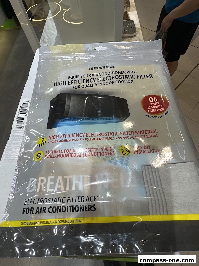 A package of Novita electrostatic air conditioner filters for improved indoor air quality.