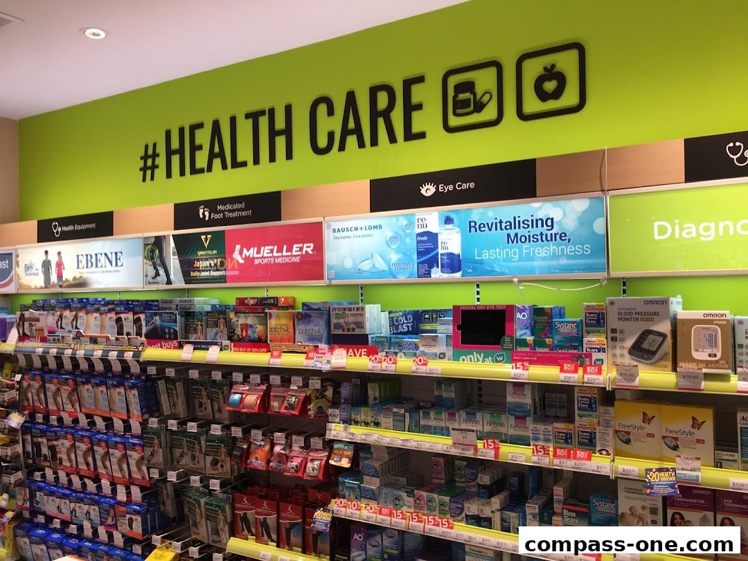 Shelves stocked with health and personal care products, including eye care and sports medicine.