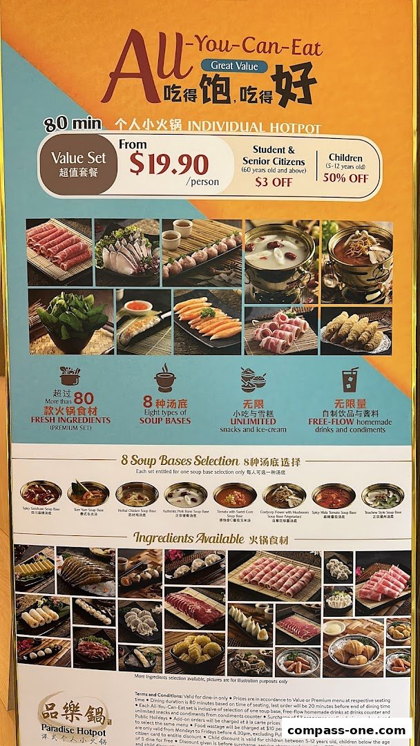 A menu for Paradise Hotpot featuring an all-you-can-eat individual hotpot experience.