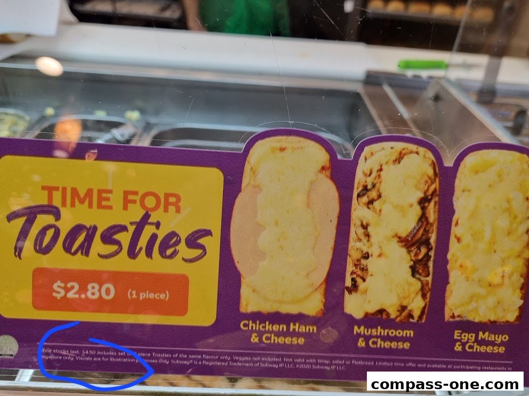 A display of Subway's "Toasties" with different filling options and prices.