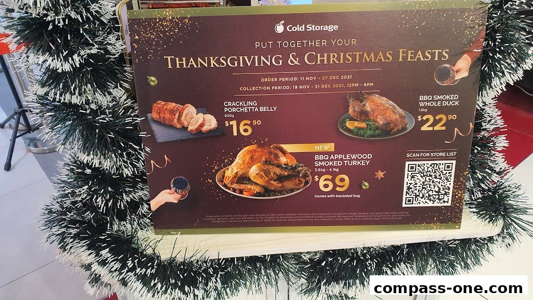 A festive advertisement for Thanksgiving and Christmas feasts from Cold Storage.