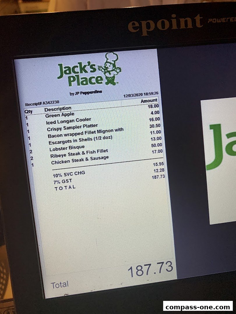 A receipt from Jack's Place showing a list of food items and their prices.