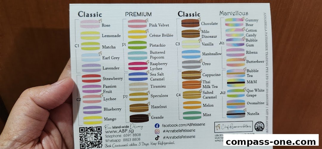 A person's hand holding a menu card displaying various flavors of macarons.