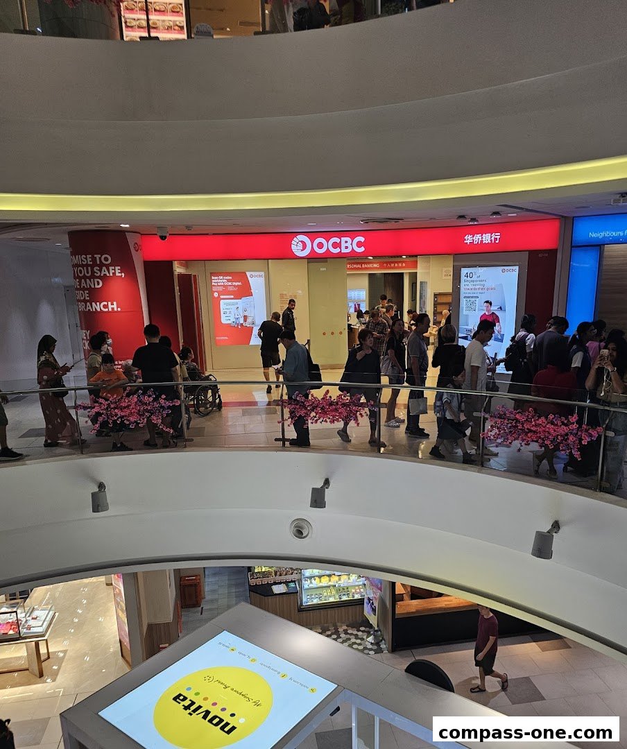 A busy OCBC Bank branch with customers queuing inside and outside.