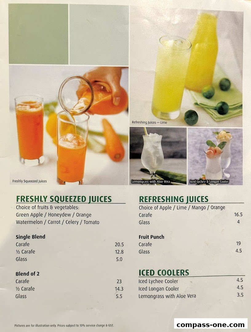 A menu showcasing freshly squeezed juices, refreshing juices, and iced coolers with prices.