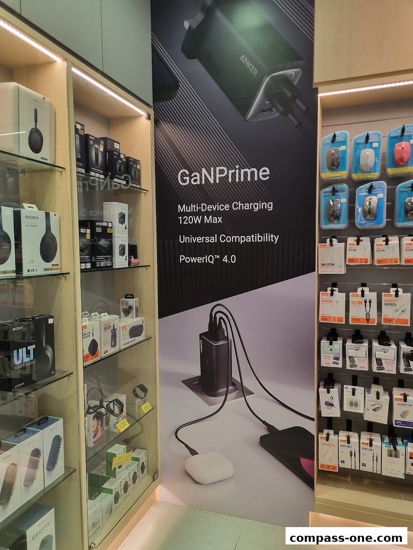 A retail shop display featuring Anker charging products and Sony audio devices.