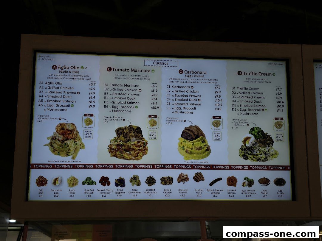 A digital menu board displaying various pasta dishes with toppings and prices.