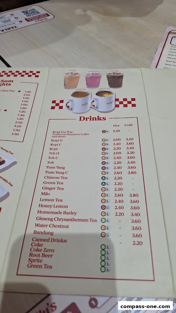 A menu from Sally's Compass One featuring a variety of drinks with prices for hot and cold options.