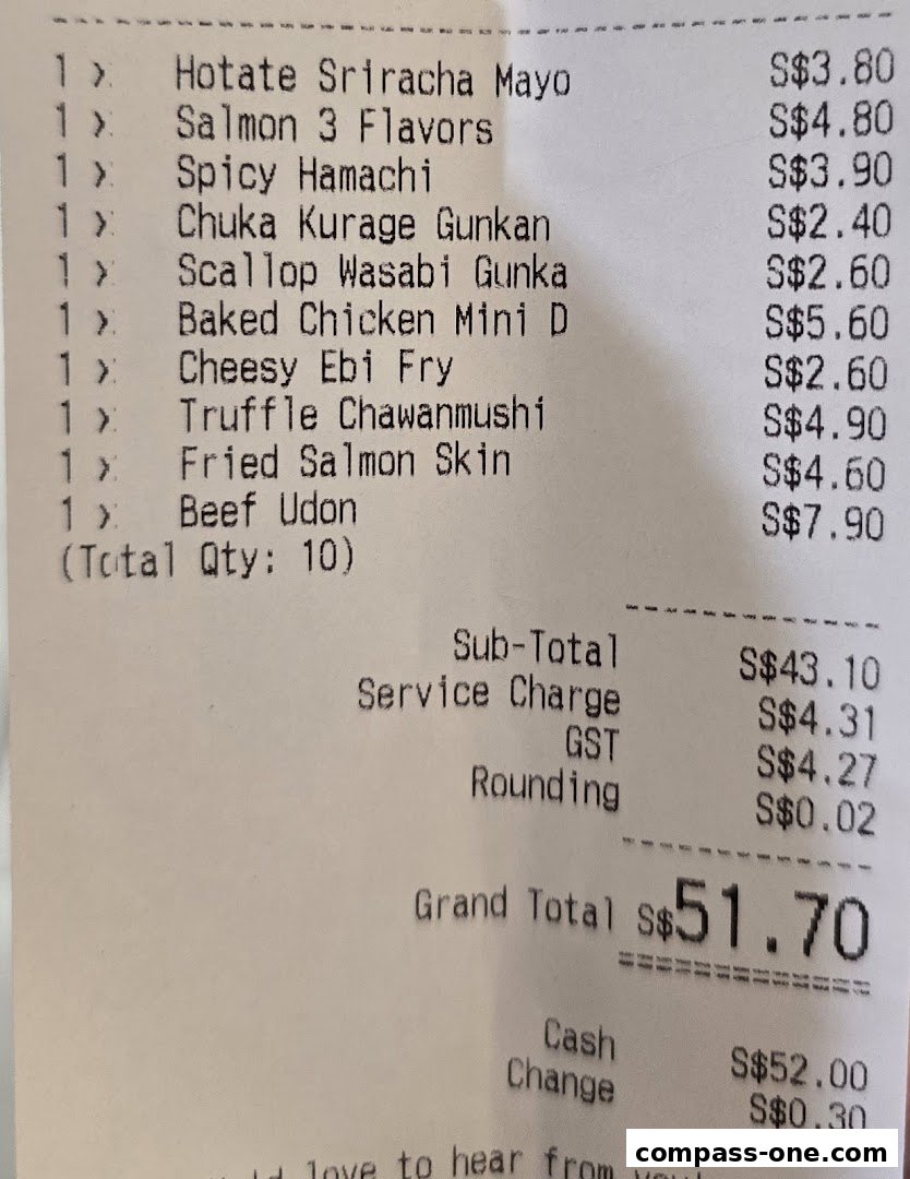 A receipt detailing a variety of sushi and udon dishes with their prices.