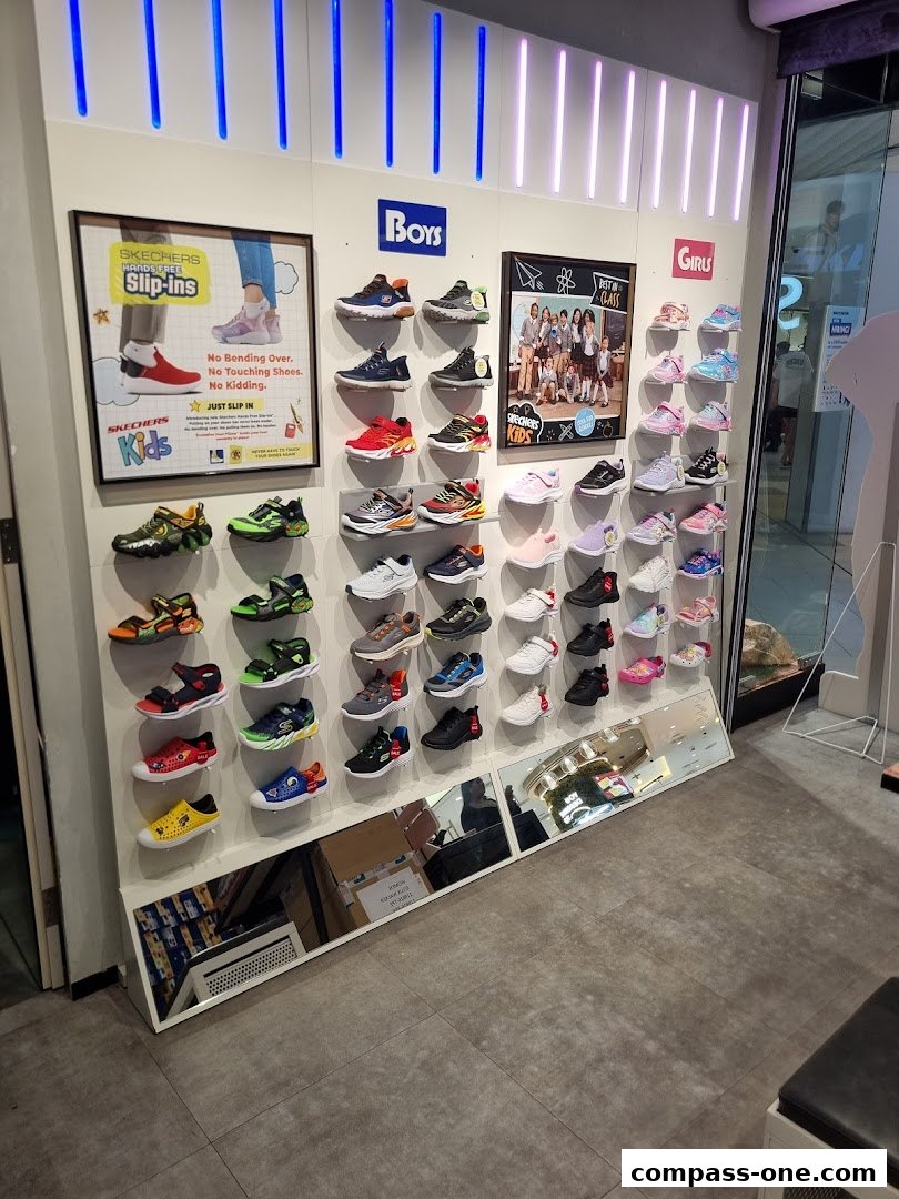 A wall display of Skechers kids' shoes, categorized for boys and girls.