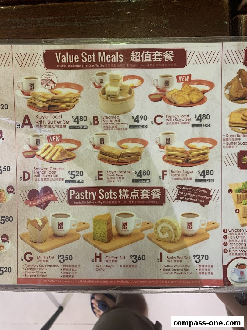 A menu from Ya Kun Kaya Toast featuring value set meals and pastry sets with various toast and cake options.