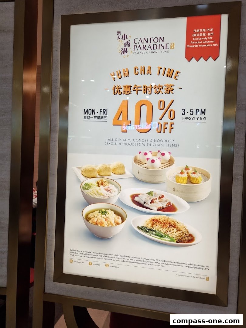 A promotional poster for Canton Paradise offering 40% off Yum Cha Time.