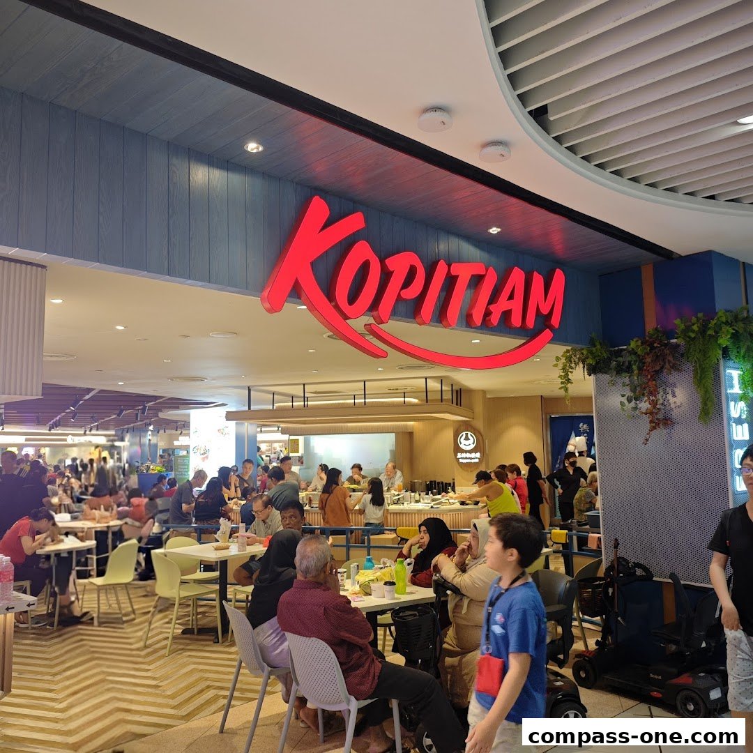 A busy Kopitiam food court with many diners seated at tables.