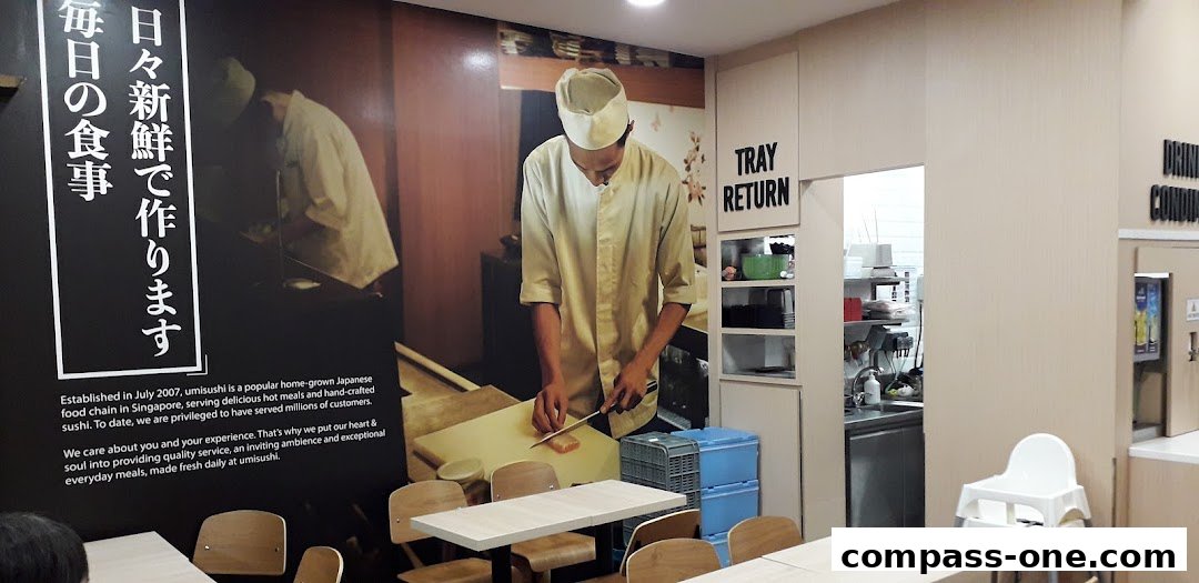 Interior of a sushi restaurant with a mural of a chef and seating area.