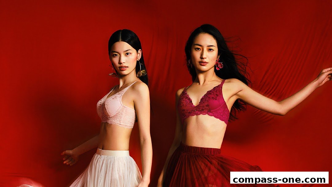 Two models showcase Triumph bras and skirts against a vibrant red background.
