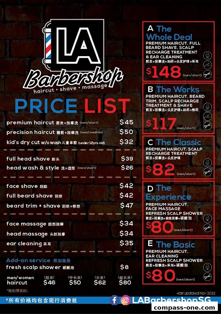 Price list for LA Barbershop, featuring various haircut, shave, and massage services.