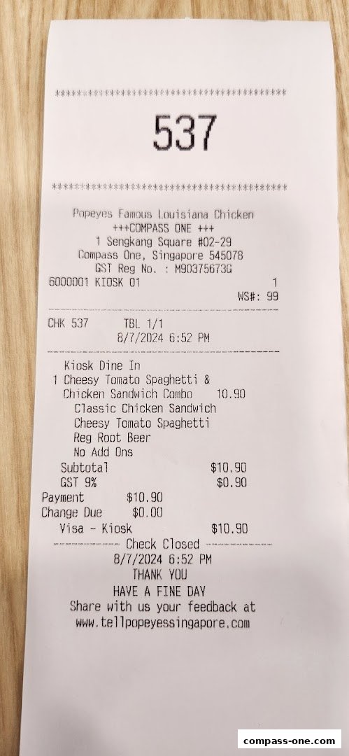 A receipt from Popeyes Famous Louisiana Chicken showing a dine-in order.