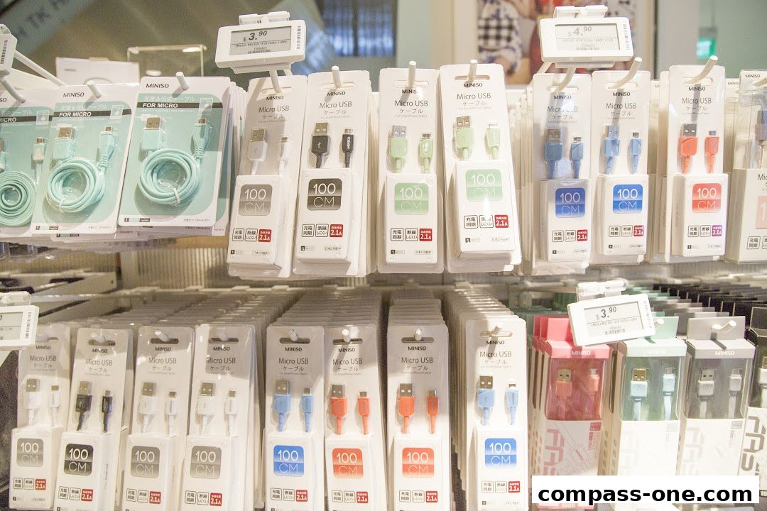 A display of various MINISO Micro USB cables in different colors and packaging.