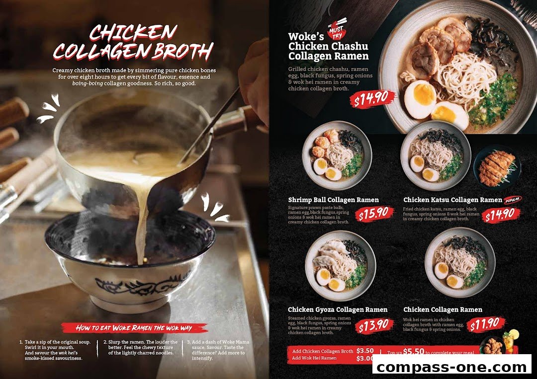 A menu showcasing various collagen ramen dishes with detailed descriptions and prices.