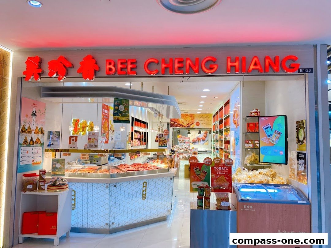 The exterior of a Bee Cheng Hiang shop, showcasing its products and signage.