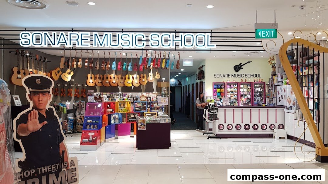 The Sonare Music School storefront features guitars, ukuleles, and a display of music-related merchandise.