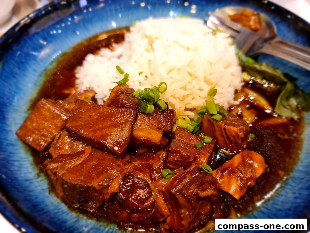 A close-up of braised pork belly with rice and green onions in a blue bowl.