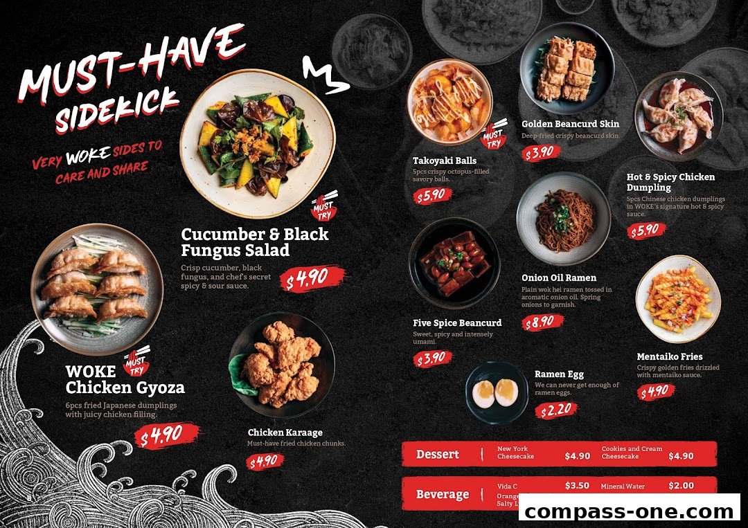 A menu showcasing various Japanese-inspired side dishes and desserts from WOKE Ramen.