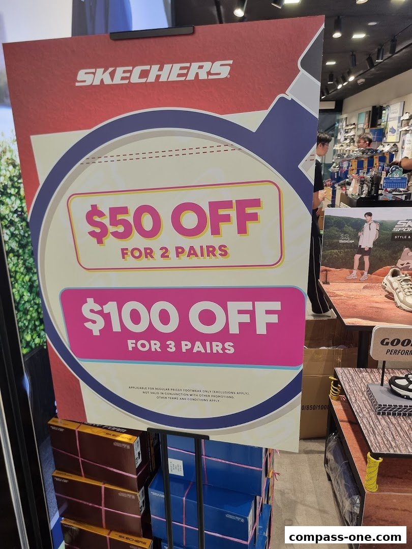 A promotional sign for Skechers offering discounts on multiple pairs of shoes.