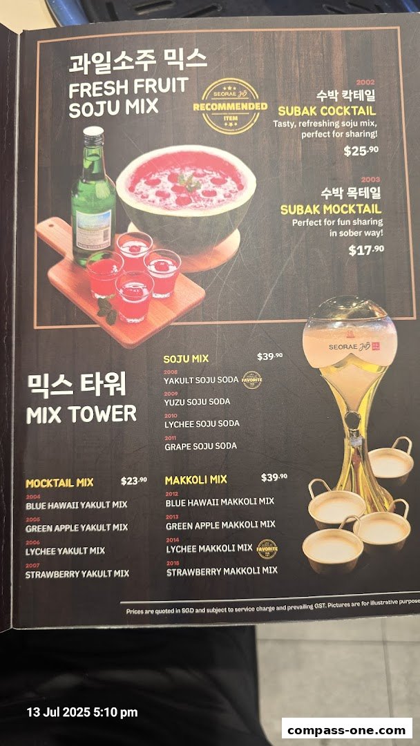A menu page showcasing various Soju, Mocktail, and Makoli mixes with prices.