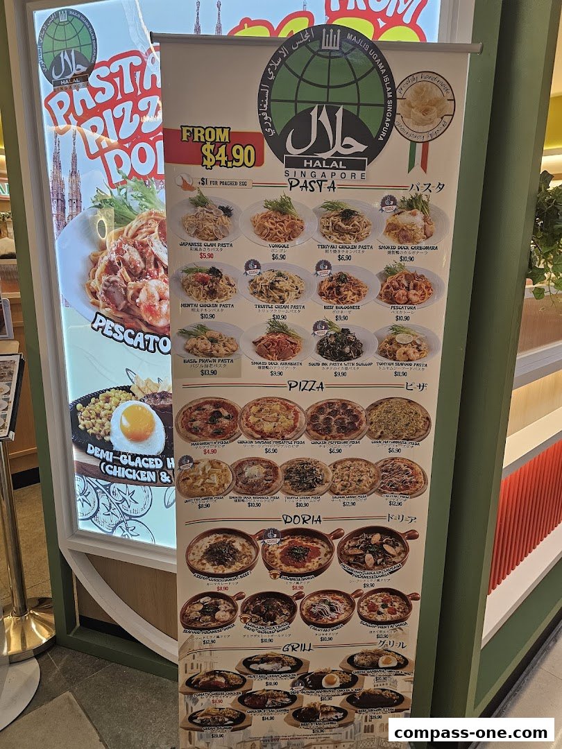 A menu board displaying various pasta, pizza, doria, and grill dishes with prices.