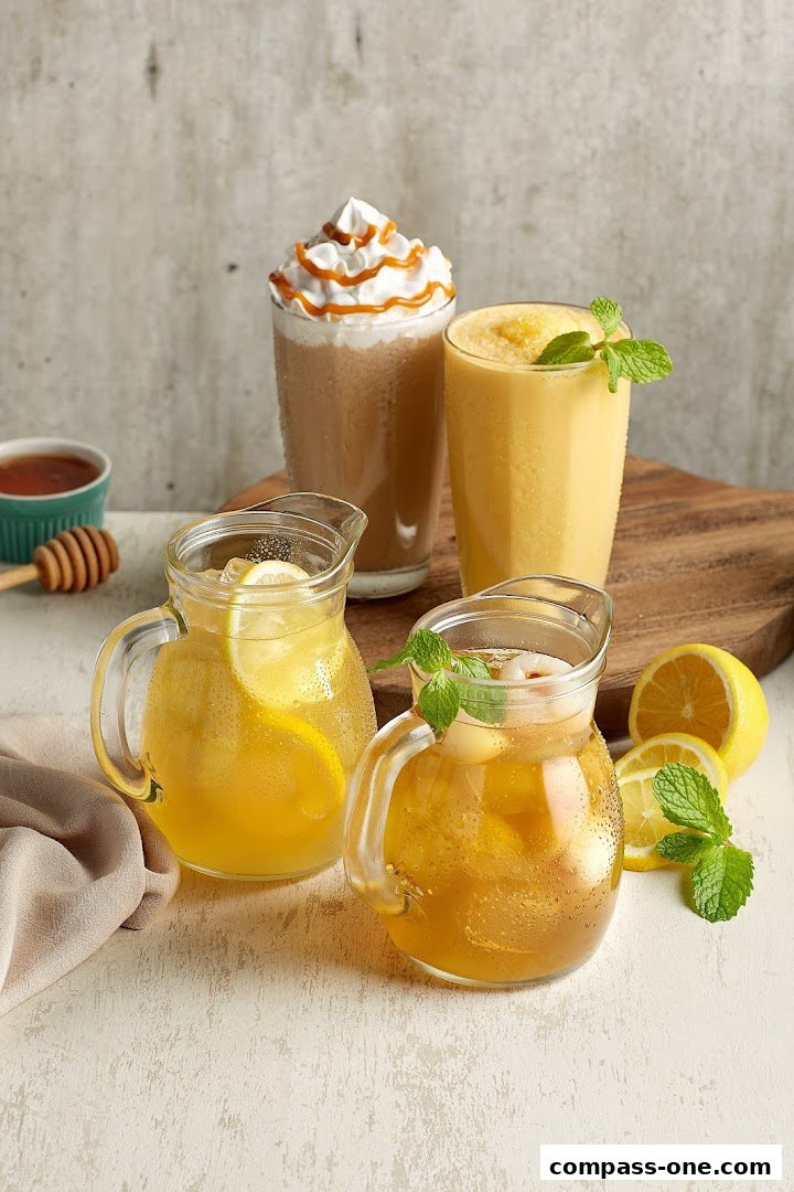 A refreshing assortment of iced beverages, including lemonades and a caramel-topped drink.