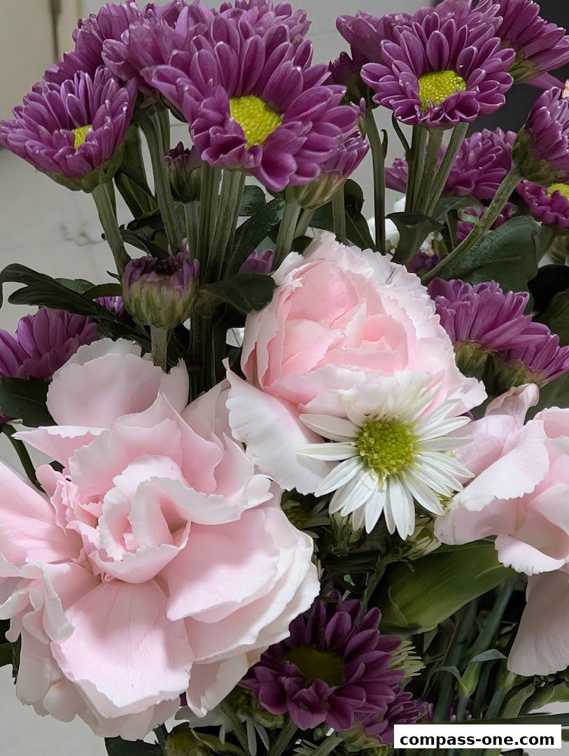 A close-up view of a beautiful floral arrangement featuring pink carnations and purple chrysanthemums.