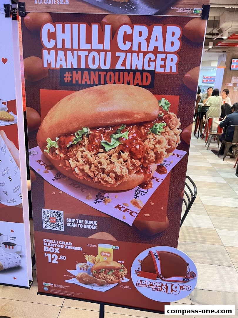 A promotional poster for KFC's Chilli Crab Mantou Zinger burger and a crossbody bag.
