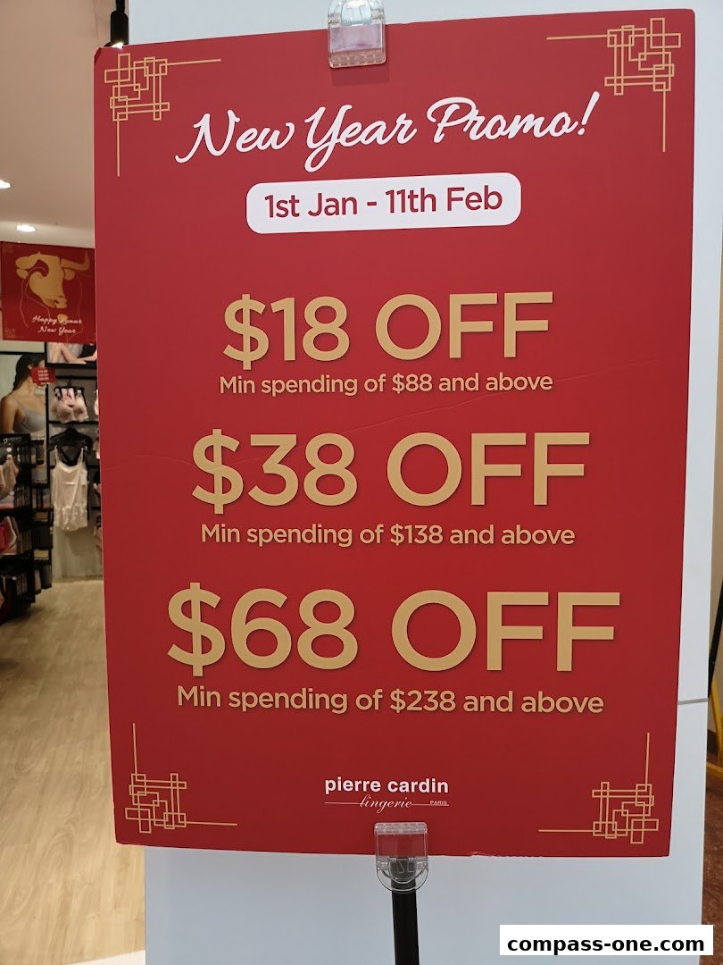 A red promotional sign for Pierre Cardin Lingerie's New Year sale.