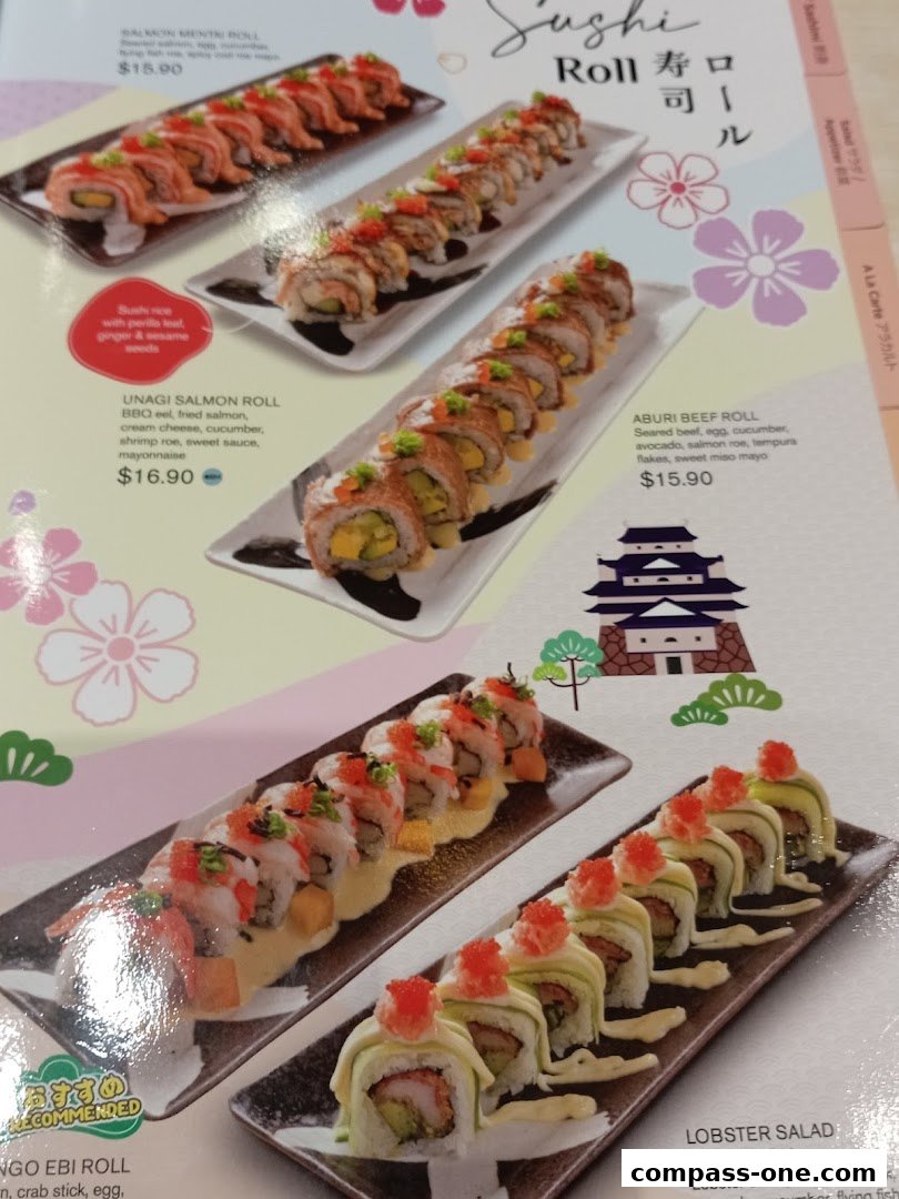 A menu showcasing various sushi rolls with detailed descriptions and prices.