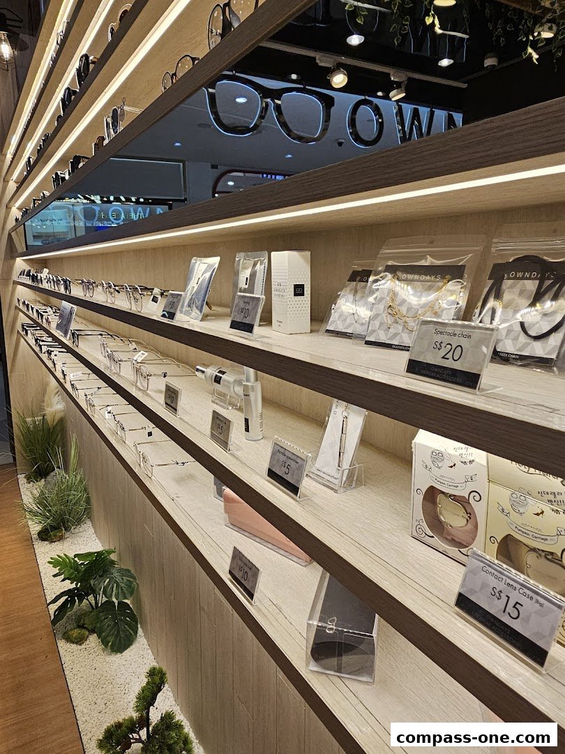 Interior view of an eyewear shop displaying various glasses and accessories on shelves.