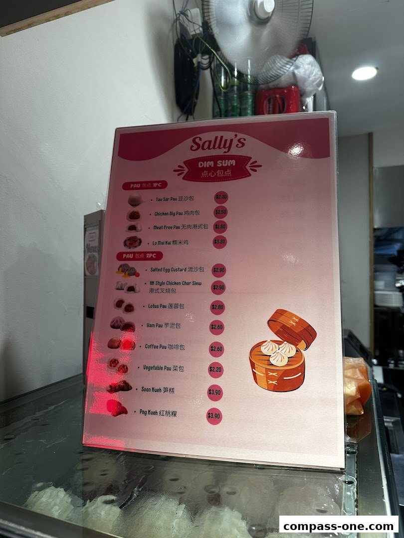A menu for Sally's Dim Sum featuring various steamed buns and dumplings with prices.