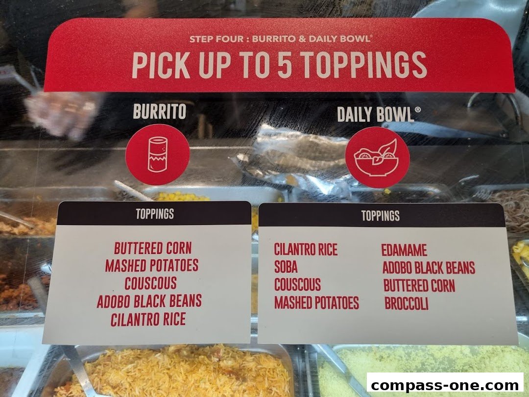 A sign showing toppings for burritos and daily bowls at Stuffd.