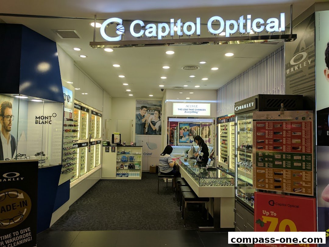 Interior view of Capitol Optical, showcasing a wide selection of eyewear and promotional displays.