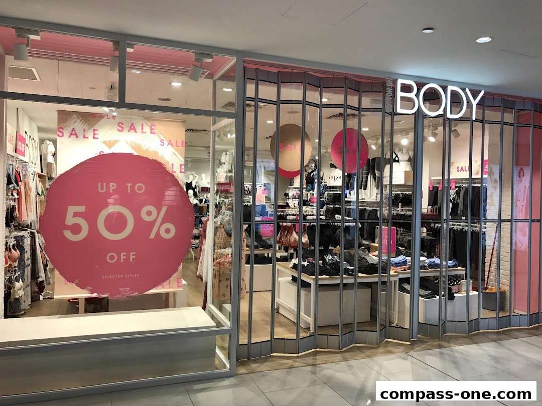 The Body Shop storefront with a large 'Up to 50% Off' sale sign and displayed apparel.