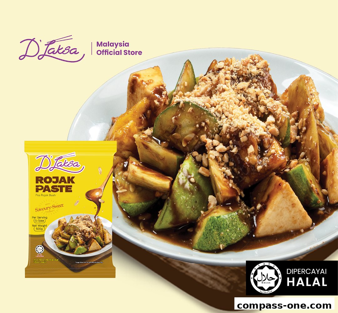 A plate of Rojak salad with a packet of D'Laksa Rojak Paste.