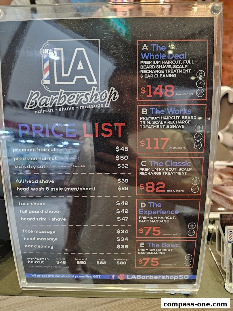 A price list for LA Barbershop, detailing various haircut and grooming services.