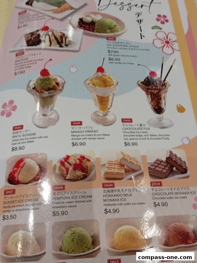 A menu featuring various Japanese desserts like sundaes, parfaits, and ice cream.