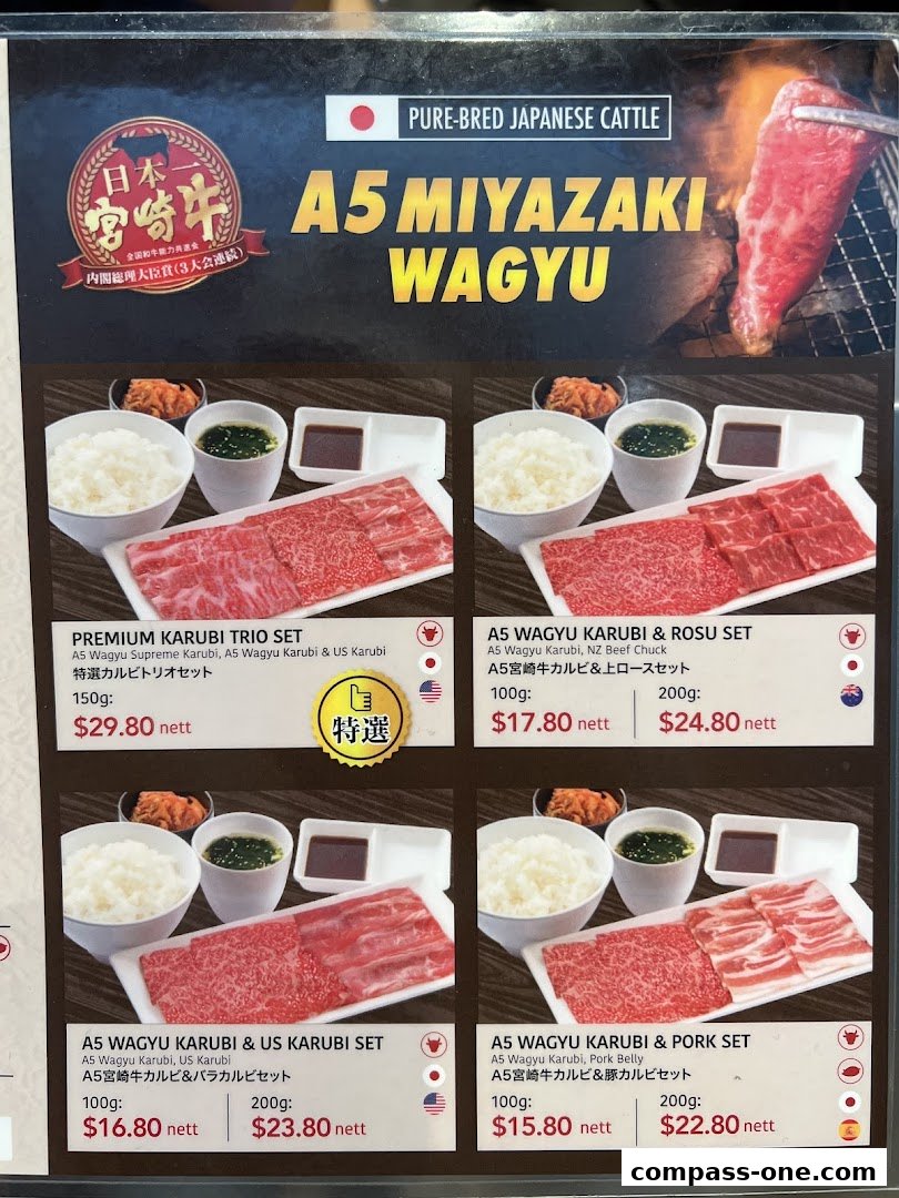 A menu showcasing A5 Miyazaki Wagyu beef sets with rice, soup, and kimchi.
