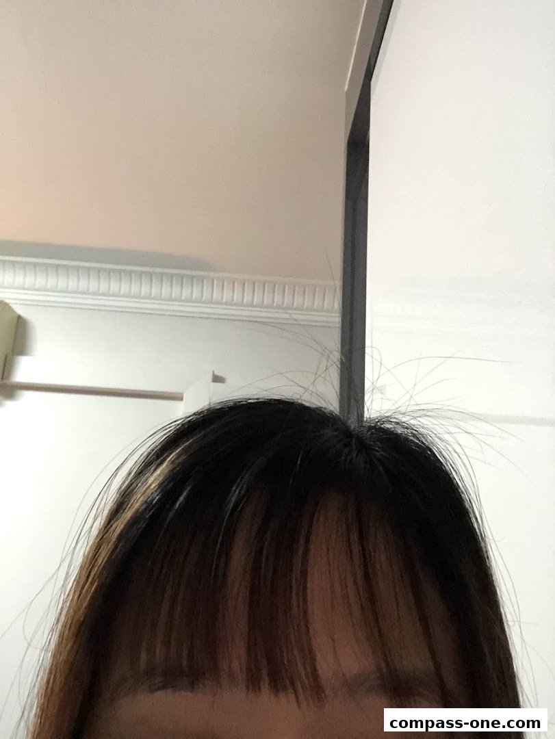 Close-up of a person's hair with bangs and highlights.