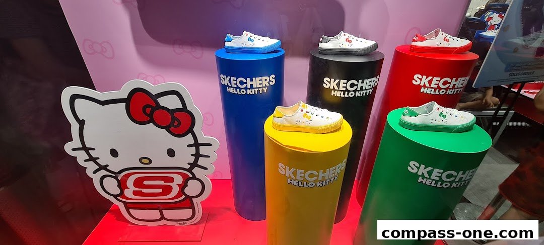 Skechers Hello Kitty collaboration shoes displayed on colorful pedestals with a Hello Kitty cutout.