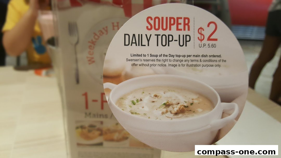 A promotional tag for Swensen's daily soup top-up offer with a bowl of soup.