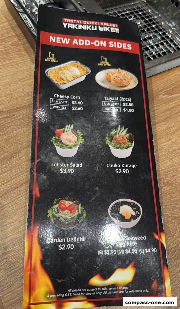 A menu showcasing new add-on sides for Yakiniku Like, featuring dishes like Cheesy Corn and Taiyaki.