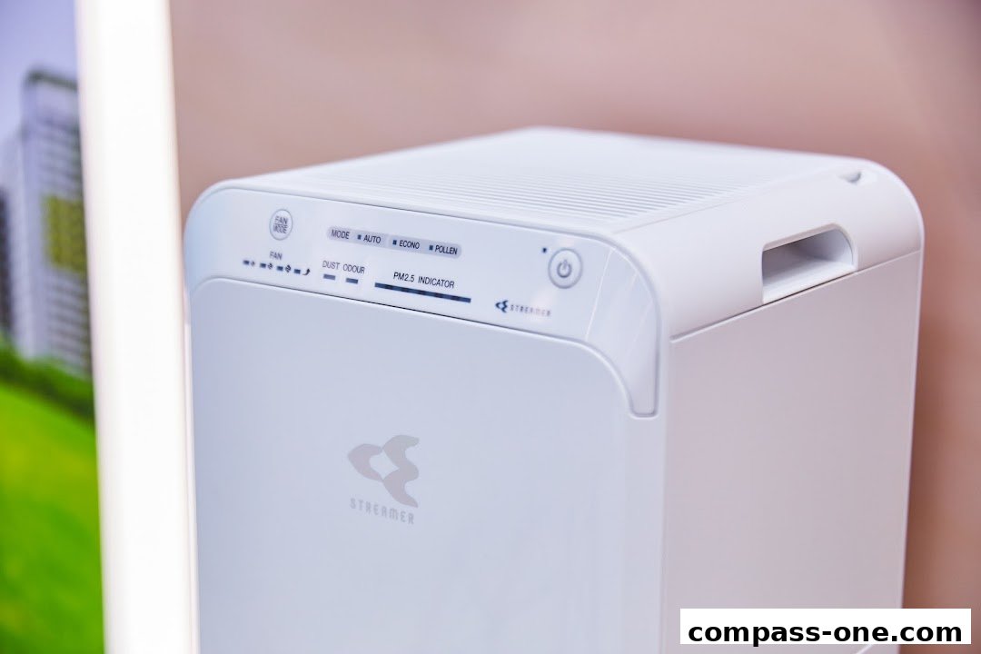 Close-up of a white Daikin air purifier with control panel and 'Streamer' logo.