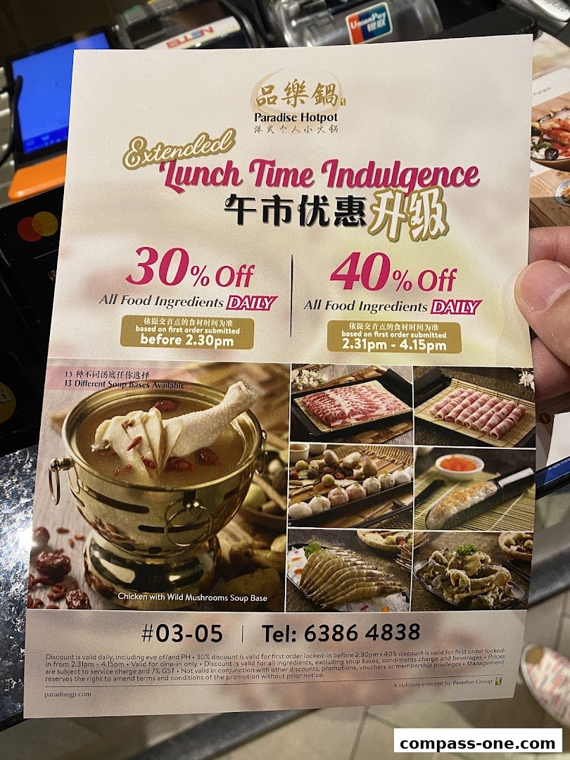 A flyer for Paradise Hotpot offering extended lunch time indulgence with discounts.
